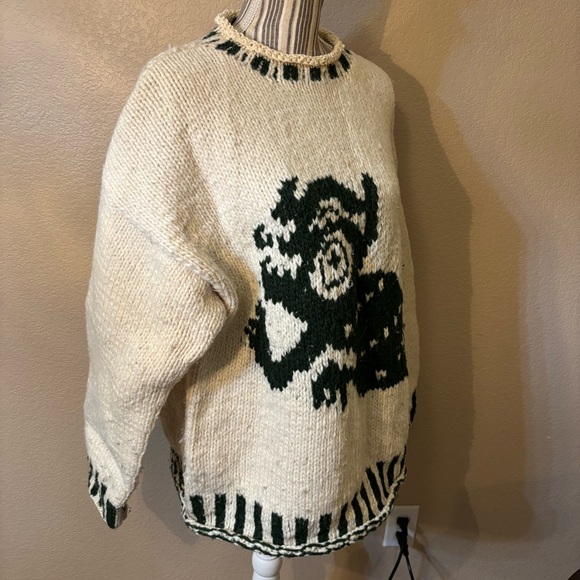 Chunky Sweater XL 100% Wool Cream Green Dragon Design Oversized Boho World Class - Picture 5 of 15